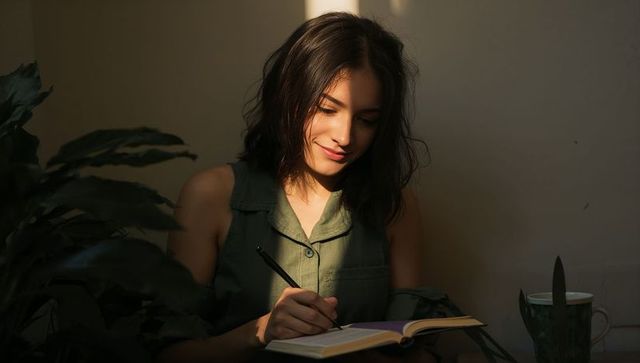 Sunlit woman journaling at home, writing in notebook with mug and indoor plants