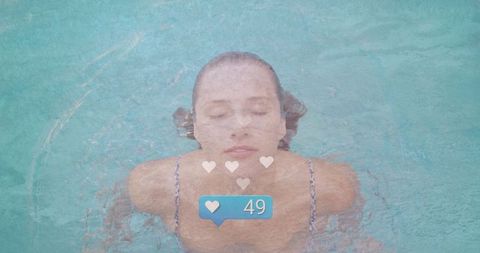 Woman Relaxing in Pool Water Blended with Social Media Likes