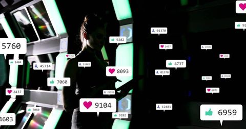 Silhouette woman holding tablet amid floating social reaction badges and neon led panels