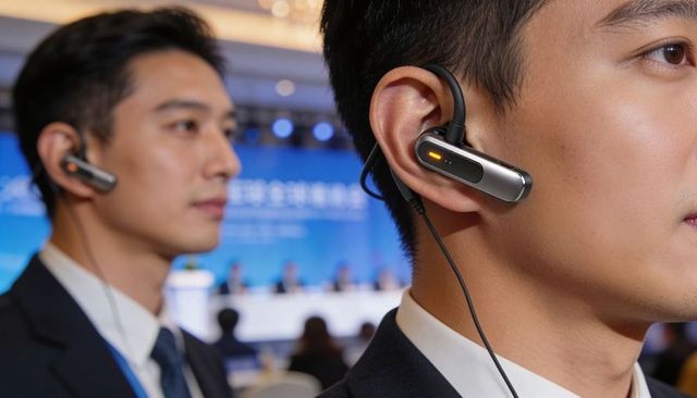 Conference security staff wearing metallic earpiece and wired headset monitoring stage activity