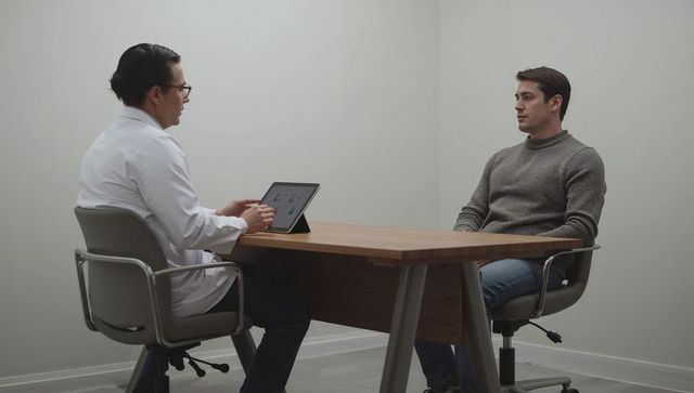 Doctor consulting patient using tablet in minimal clinic interior for modern care