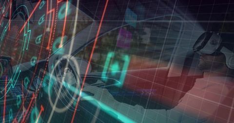 Driver wearing vr headset navigating futuristic neon car hud with holographic cockpit interface