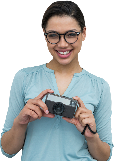 Transparent background cheerful female photographer holding camera smiling - Download Free Stock Videos Pikwizard.com