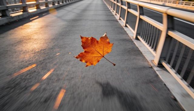 Drifting maple leaf hovering over bridge walkway at golden hour with motion blur autumn