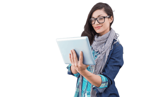 Transparent background woman using tablet indoors