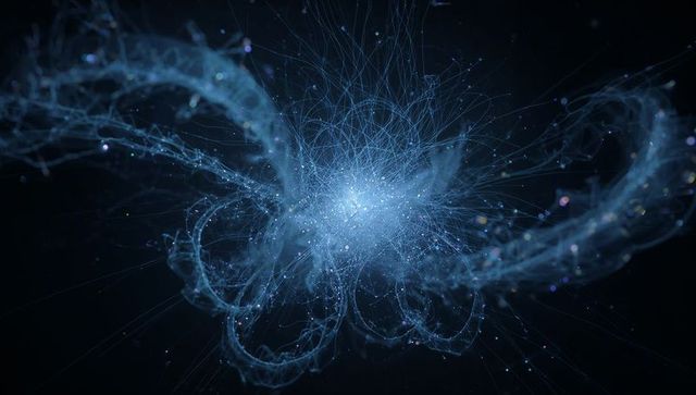 Pulsating blue neural nebula radiating filaments and particle sparks for tech and space