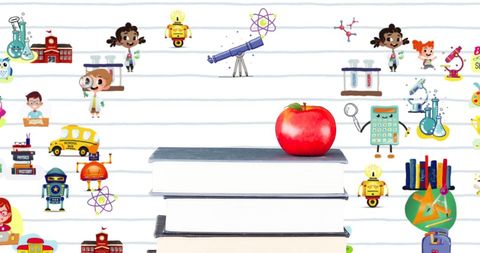 Creative education elements: apple on books with school icons
