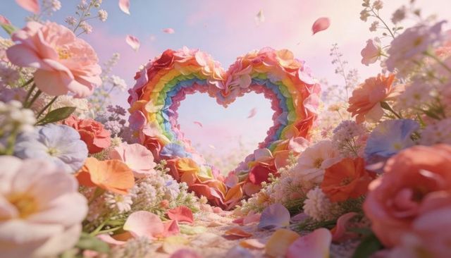 Rainbow petal heart arch glowing in pastel floral meadow, petal pathway leading into dreamy romance