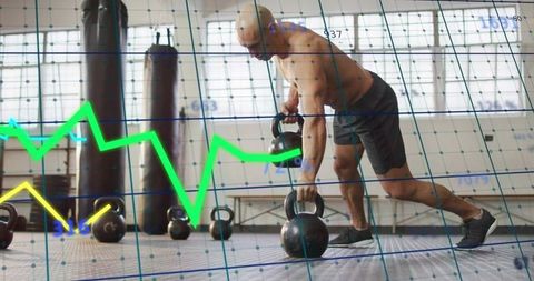 Shirtless man performing kettlebell renegade row with performance data overlay in gym