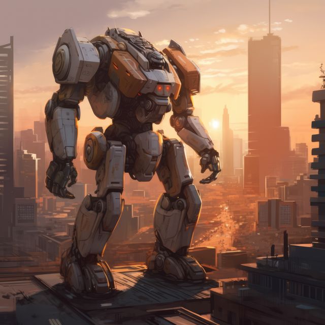 Giant mechanical mech stands on a rooftop, towering over a futuristic city during a vivid sunset. This image can be used in sci-fi projects, gaming visuals, high-tech advertisements, and concepts of futuristic urban landscapes.