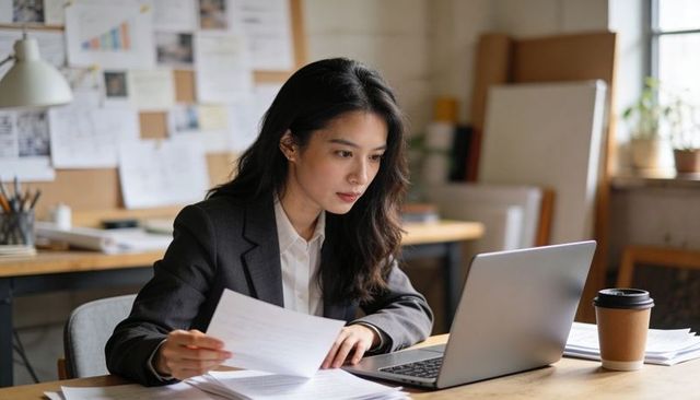Young asian businesswoman reading documents while working on laptop in modern office