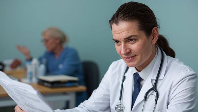 Female doctor reviewing patient records at clinic desk during medical consultation