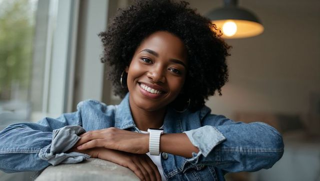Smiling Woman Relaxing in Modern Living Room with Cozy Atmosphere