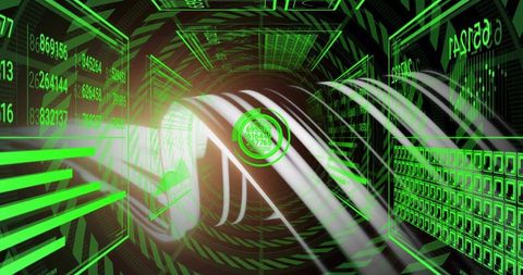 Pulsing HUD ring glowing in neon tunnel streaming numeric ribbons and green data