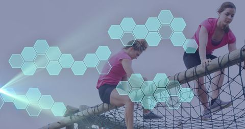 Women Navigating Obstacle Course Enhanced with Digital Visualization