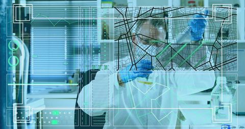Scientist Analyzing Test Tube with Digital Data Overlay in Laboratory