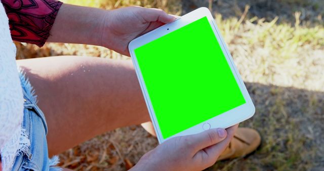 Person Holding a Tablet with Green Screen Outdoors - Download Free Stock Images Pikwizard.com