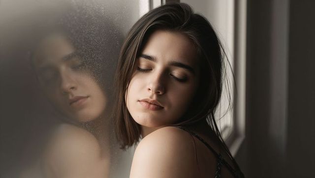 Solitary young woman leaning on misted window, eyes closed, reflection and quiet introspection