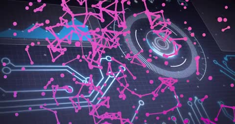 Futuristic Pink Network Lines over Digital Interface Grid