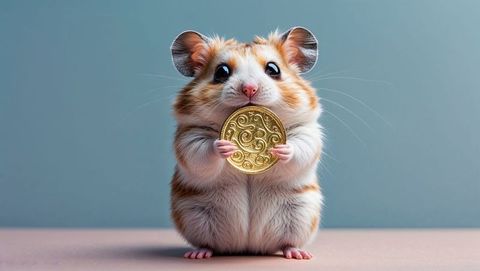 Whimsical hamster holding ornate gold coin on table