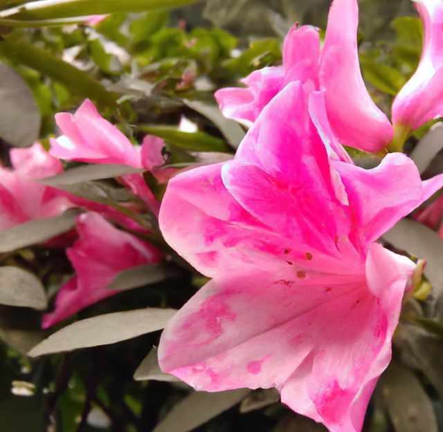 Bright pink azaleas are blooming amidst green foliage, showcasing the beauty of nature. Ideal for use in gardening blogs, floral shop promotions, and nature-themed projects.