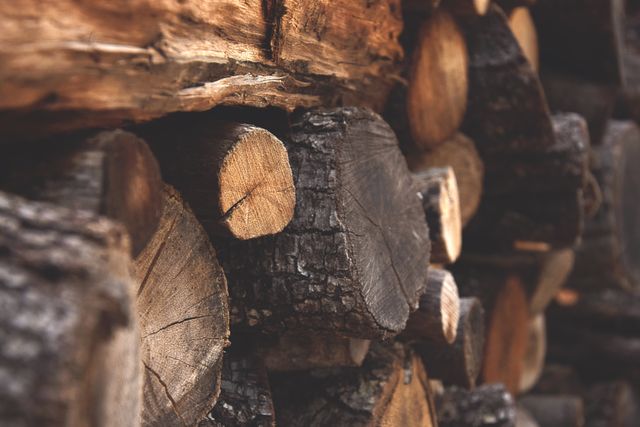 Close-up of stacked firewood logs showing natural grain and rustic texture. Useful for backgrounds, home heating concepts, outdoor activities, wood-related materials, or showcasing natural textures.
