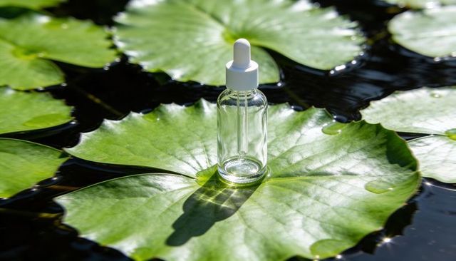 Clear dropper bottle resting on sunlit lily pad casting shadow over dark pond
