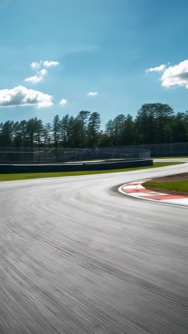 Vertical motorsport video capturing car hugging kerb through high-speed right-hand bend
