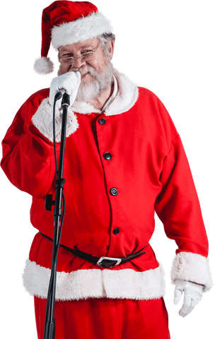 Jolly Santa Claus Singing with Microphone, Transparent Background