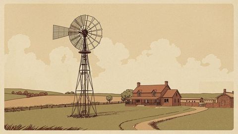 Rustic windmill against farmhouse in countryside landscape