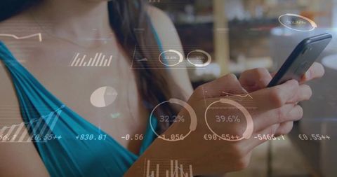 Woman at Cafe Using Smartphone with Data Visualization Overlay