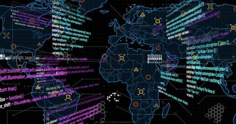 Futuristic Data Dashboard with World Map and Code Streams