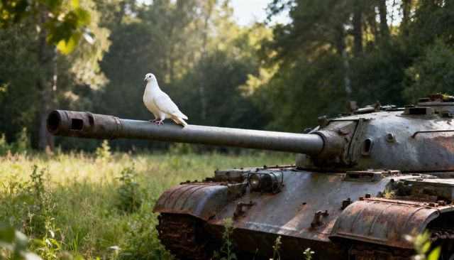 White dove resting on rusted tank barrel in sunlit forest clearing, nature reclaiming war