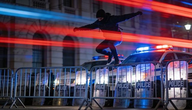 Masked jumper vaulting police barricade under patrol lights with motion light trails