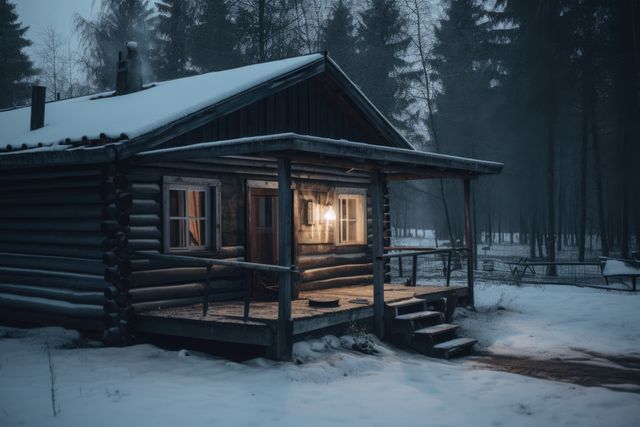 Image shows a cozy wooden cabin situated in a snowy forest at dusk, emitting a warm light from inside. Ideal for illustrating winter retreats, rural getaways, serenity, or remote living. Perfect for use in travel blogs, nature articles, or promotional materials for winter vacations and rustic rentals.