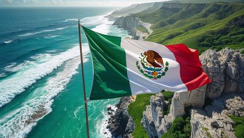 Mexican flag flying over rocky coastline with ocean waves