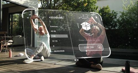 Senior couple stretching on deck while interacting with augmented reality order panel