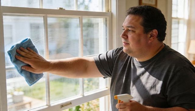 Man cleaning sunlit multipane window with microfiber cloth and spray bottle, home chores
