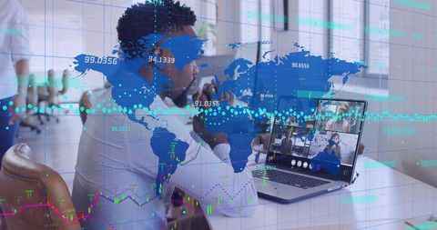 Black Professional Analyzing Global Data During Virtual Meeting on Laptop