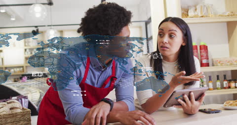 Collaboration in Modern Coffee Shop with Digital Data Overlay