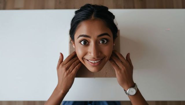 Playful overhead portrait showing smiling indian woman peeking through tabletop cutout