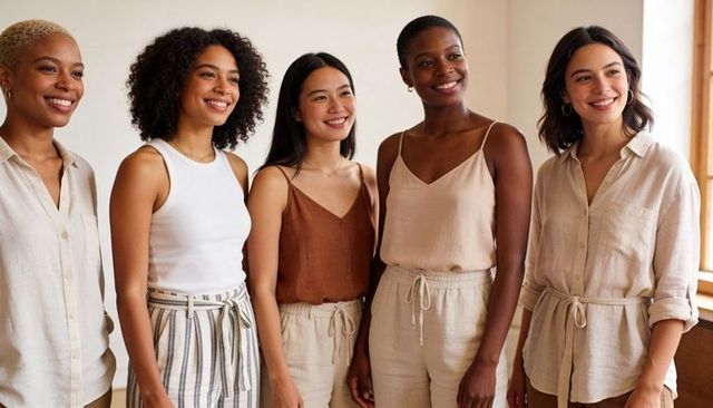 Diverse women standing together smiling in linen neutral outfits with natural light