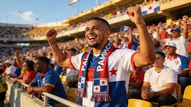 Panama soccer fan celebrating goal with raised fists and team scarf in stadium