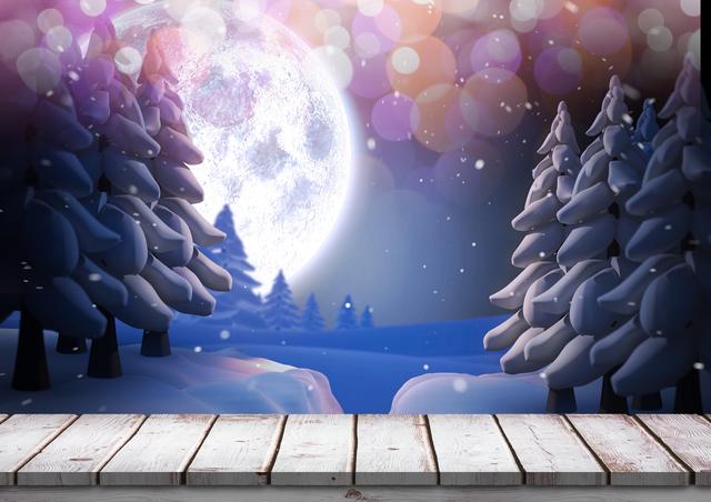 This digital composition features snow-covered pine trees under a full moon with a wooden boardwalk in the foreground. The bokeh effect adds a dreamy and serene atmosphere, making it ideal for holiday cards, winter-themed designs, and nature-related projects. Perfect for creating a tranquil and festive mood.