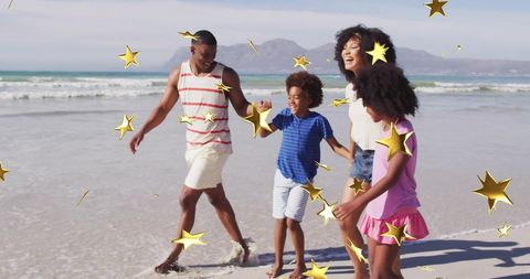 Smiling Family Enjoying Beach Sunset Walk with Golden Stars Overlay