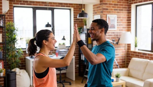 Couple Celebrating Post-Workout High Five in Bright Brick Home Office
