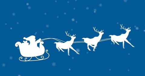 Silhouette of Santa's Sleigh and Reindeer Flying Across Snowy Night Sky