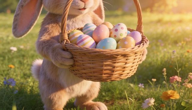 Fluffy easter bunny carrying wicker basket of pastel patterned eggs in sunlit meadow