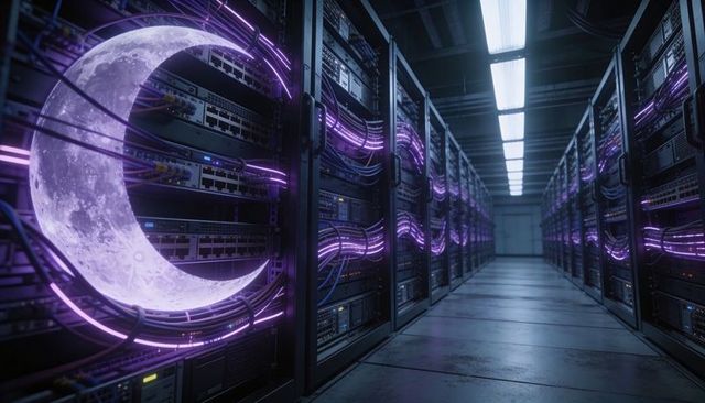 Neon crescent moon glowing in server racks with purple fiber cables in cyberpunk data hub