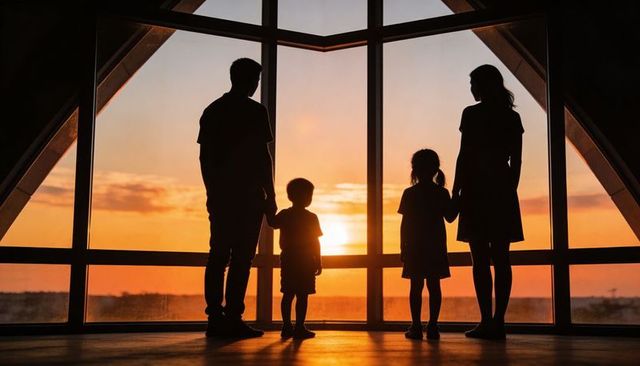 Silhouetted family holding hands at sunset through architectural paned window, reflective floor